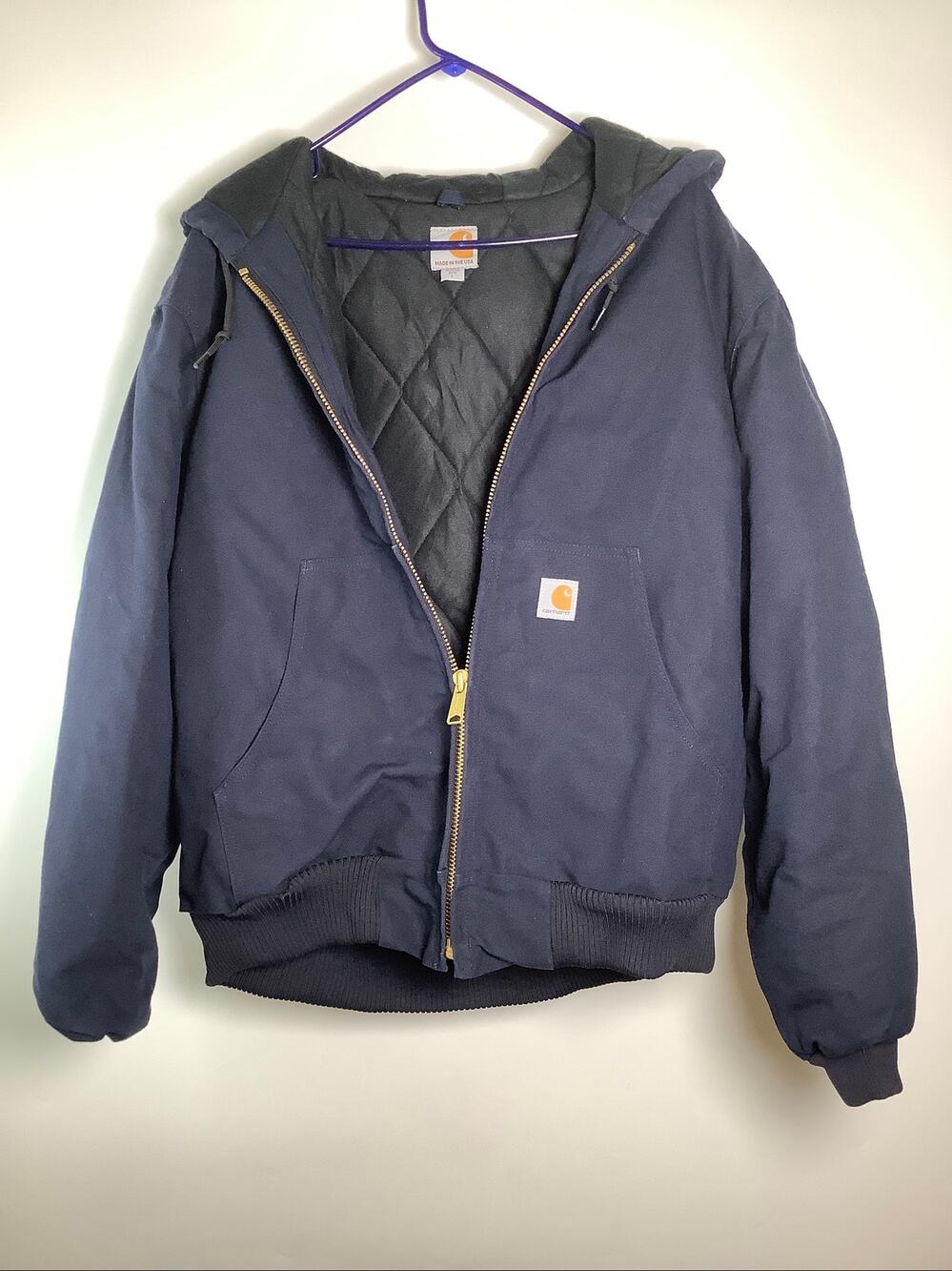 Carhartt Men's L Navy Blue J140 Firm Duck Active Hooded Jacket HR13-30